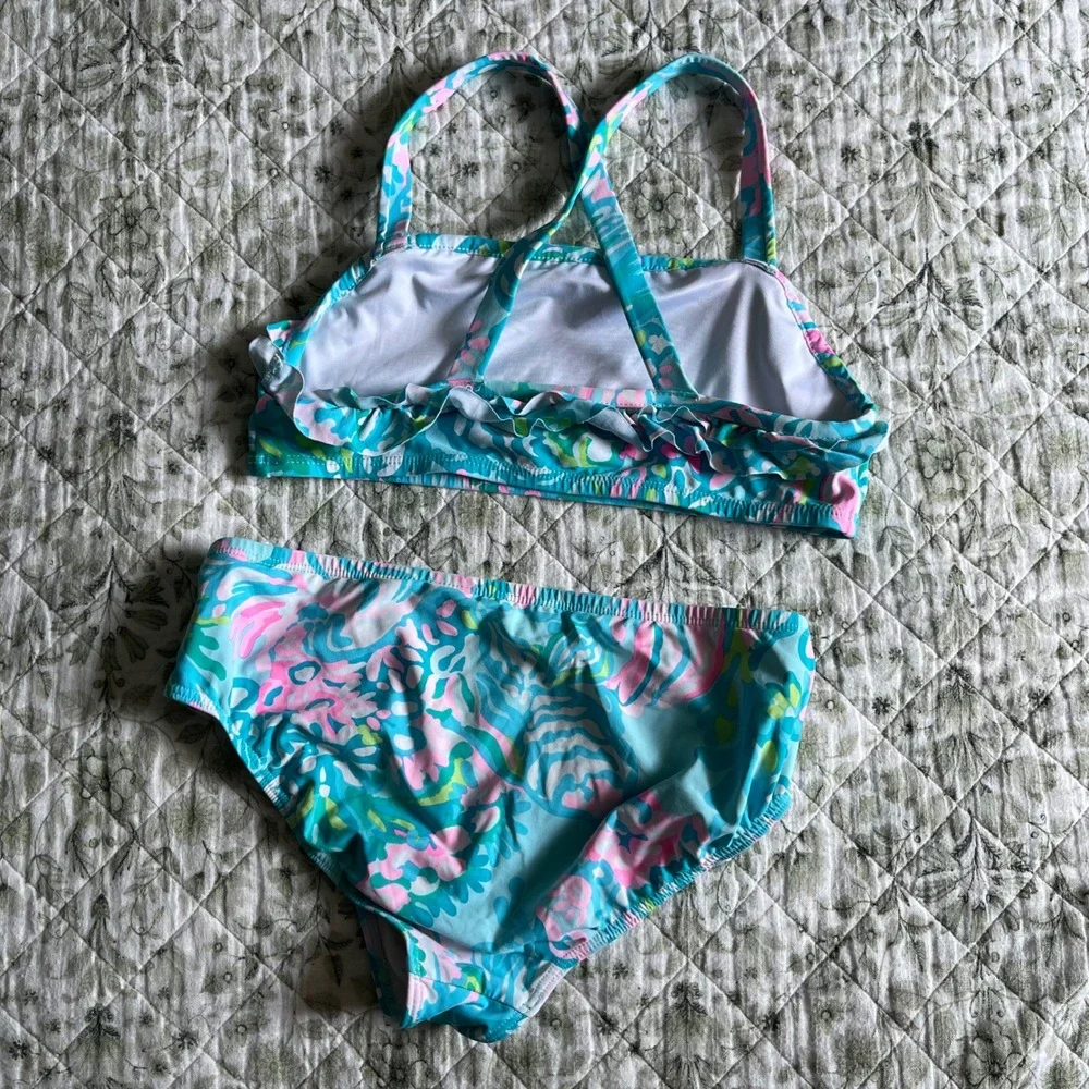 Lilly Pulitzer Girls Size 12 Blue Pink Tropical Floral Ruffle Bikini 2 Piece Set